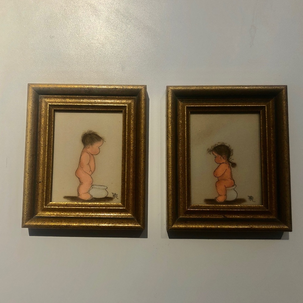 Art - Whimsical little boy & girl in bathroom  5" x 6" CUTE!!!